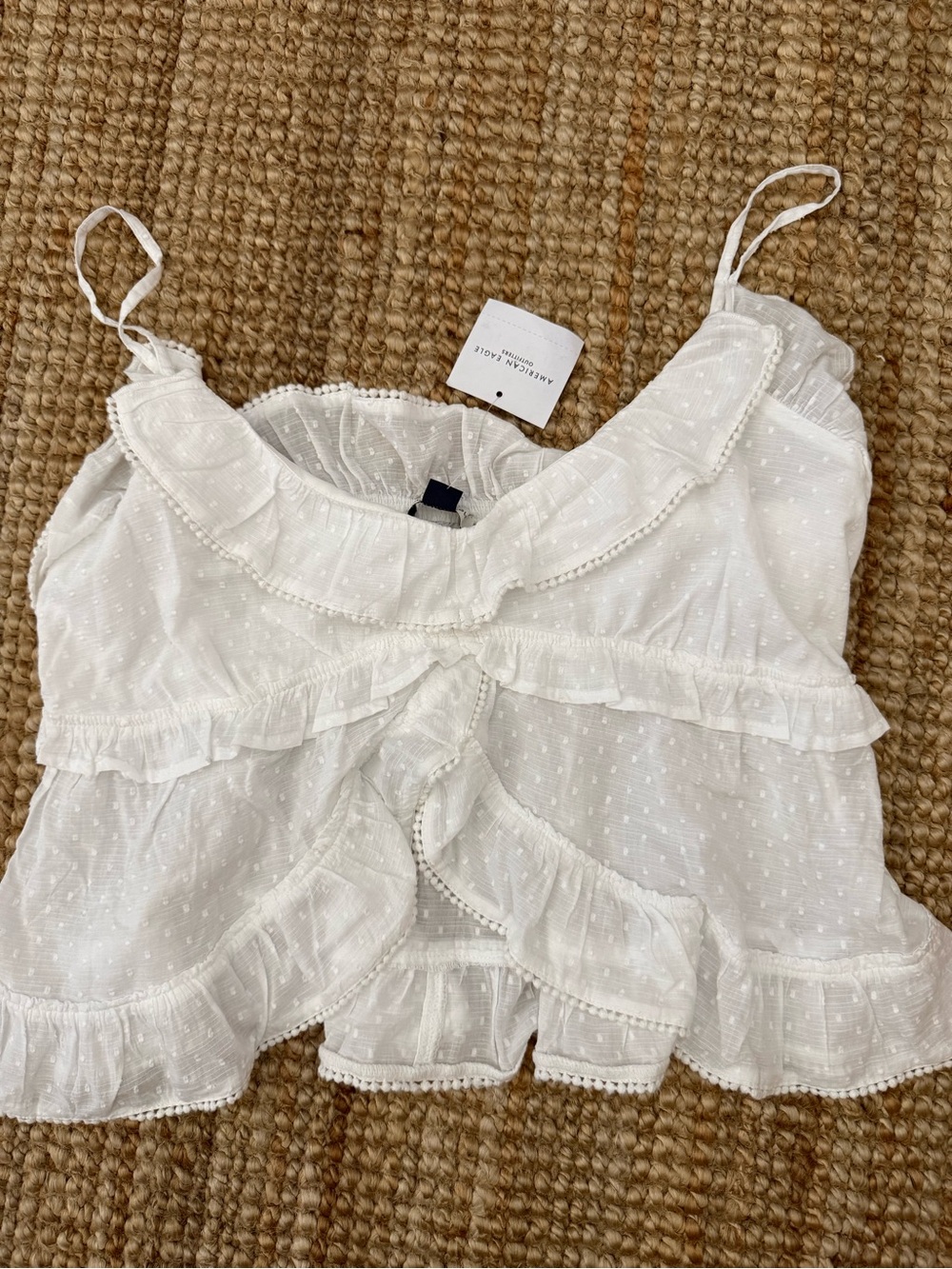 American Eagle Outfitters White Ruffle Dot-Texture Camisole